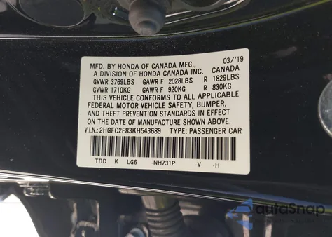 2019 Honda Civic Sport z USA, uszkodzony, nr VIN 2HGFC2F83KH543689